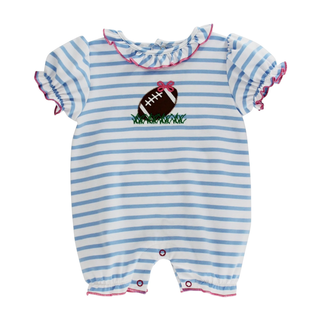 That Store blue and white striped knit romper for girls featuring a football applique and pink ruffled trim.