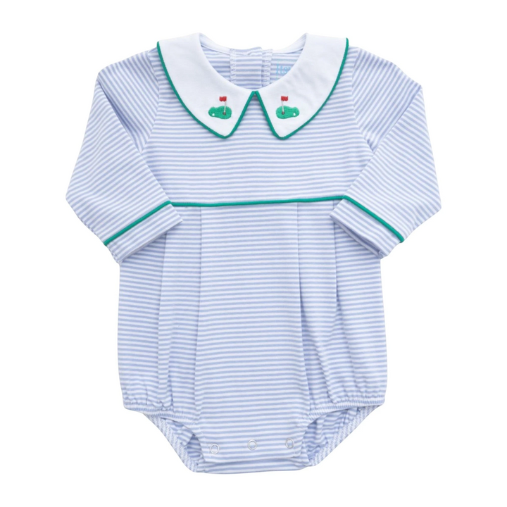 That Store boys bubble in blue stripe cotton with embroidered golf collar and green trim details
