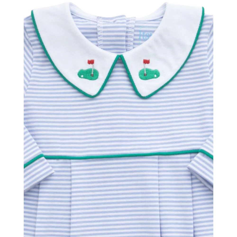 That Store boys bubble in blue stripe cotton with embroidered golf flag collar and green piping detail