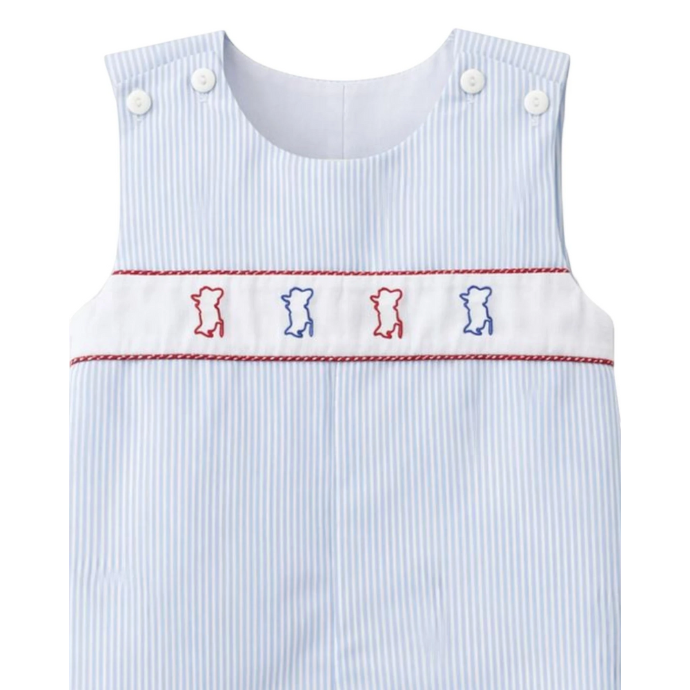 That Store blue stripe jon jon for boys with embroidered Colonel Rebs and white button closures.