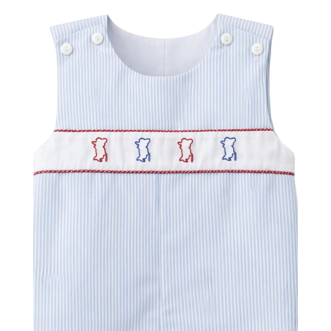 That Store blue stripe jon jon for boys with embroidered Colonel Rebs and white button closures.