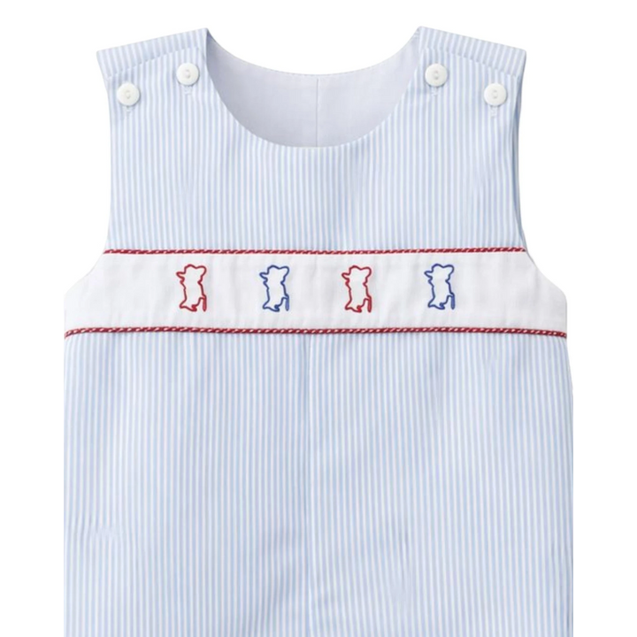 That Store blue stripe jon jon for boys with embroidered Colonel Rebs and white button closures.