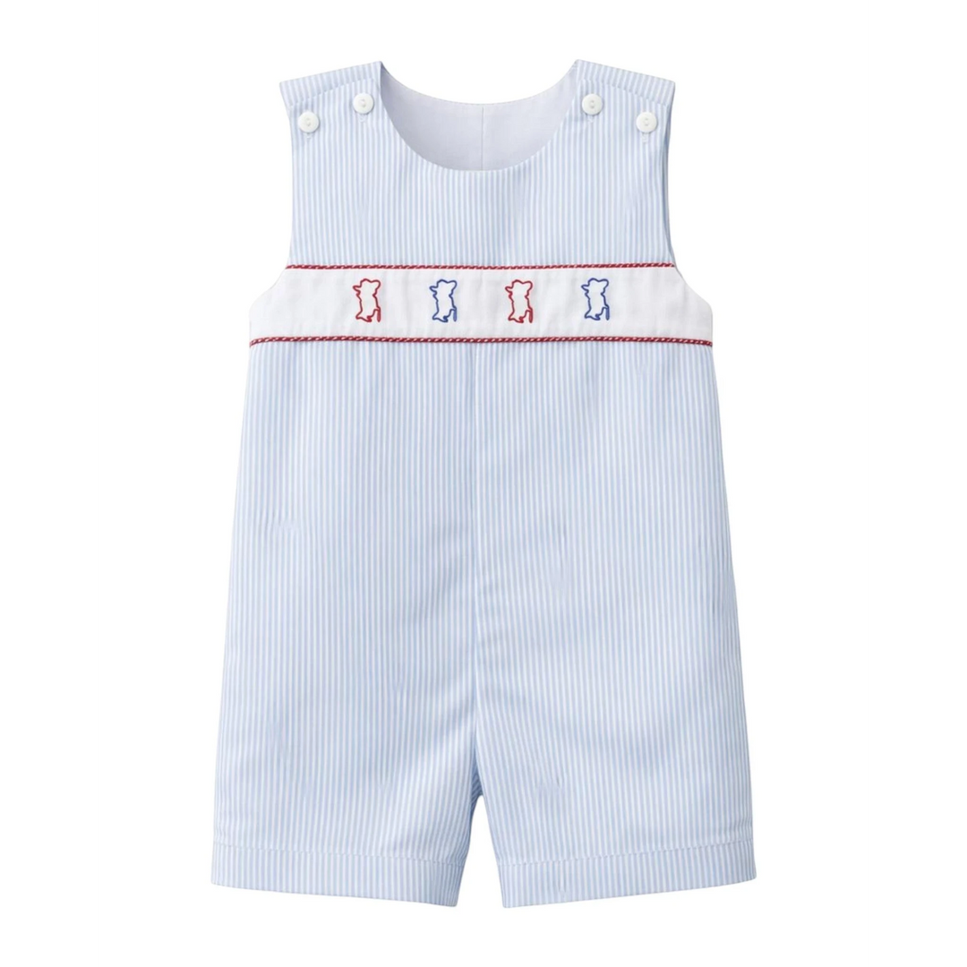 That Store blue stripe jon jon shortall for boys with Colonel Reb embroidery and button shoulder closures.
