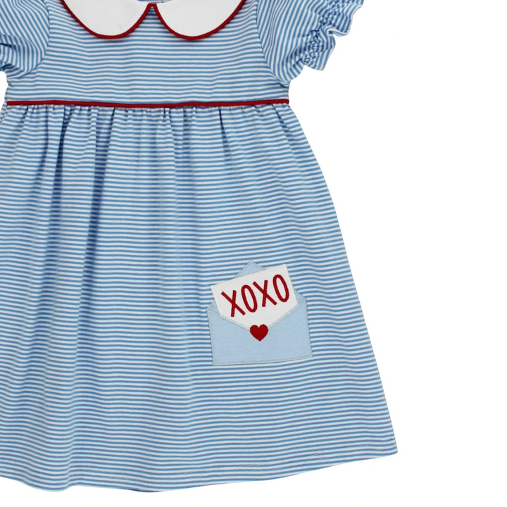 That Store girls blue and white striped knit dress with Peter Pan collar, red piping, and XOXO envelope pocket