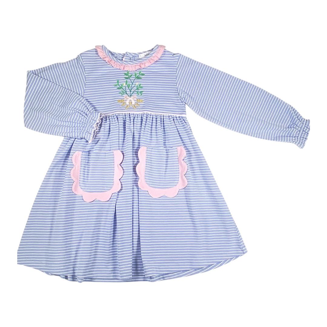 That Store blue striped cotton dress with peanut applique, pink ruffled collar, and scalloped pocket details.