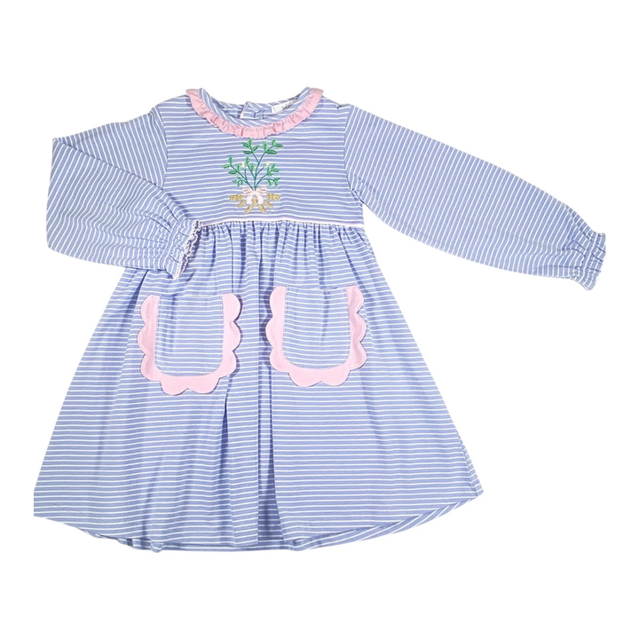 That Store blue striped cotton dress with peanut applique, pink ruffled collar, and scalloped pocket details.