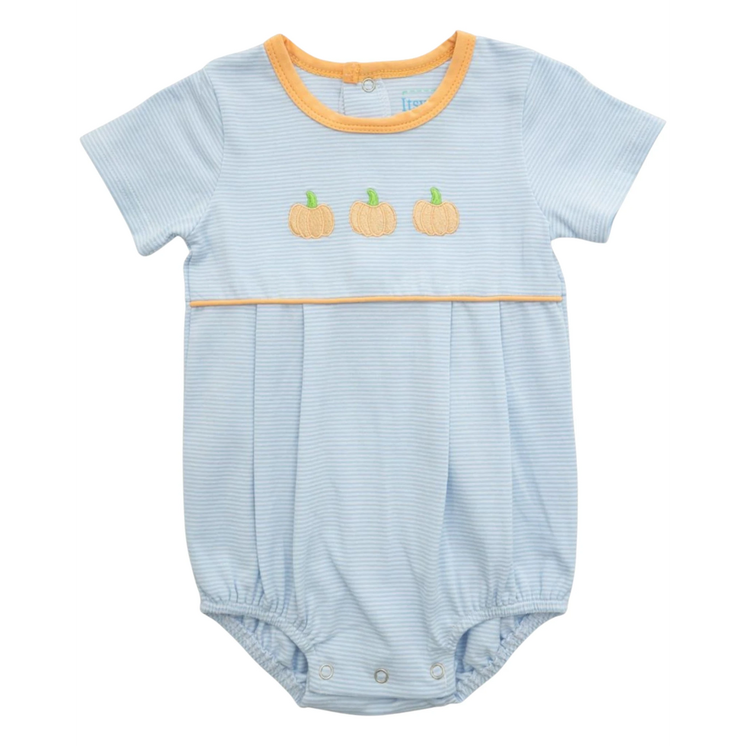 That Store blue striped baby bubble with embroidered pumpkin details and orange trim for autumn play.