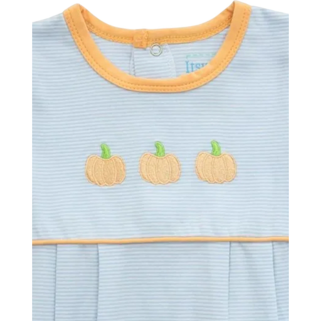 That Store blue stripe baby bubble with embroidered pumpkin details and orange trim for fall