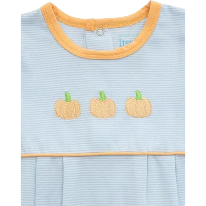 That Store blue stripe baby bubble with embroidered pumpkin details and orange trim for fall