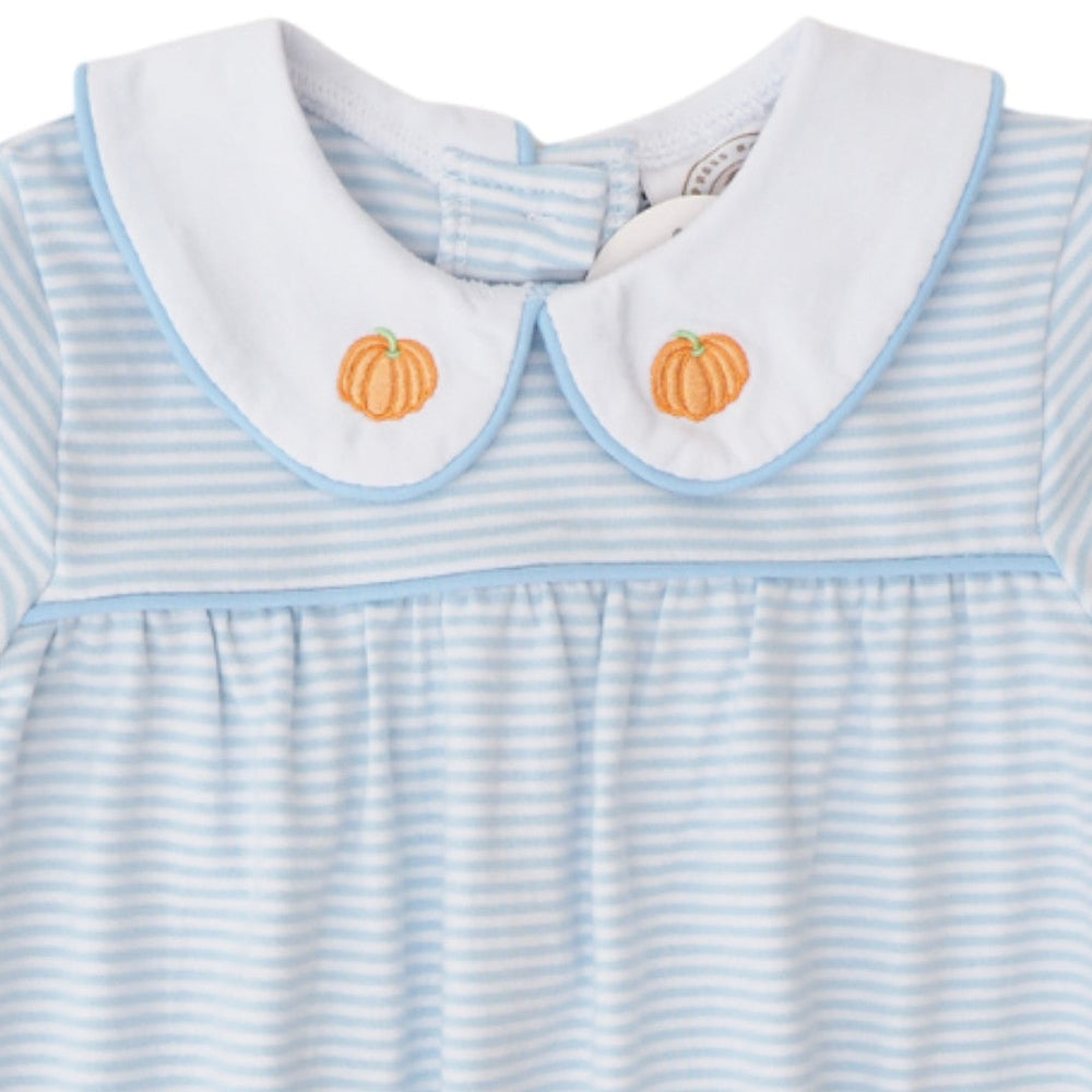 That Store boys bubble in blue stripe with white peter pan collar featuring embroidered orange pumpkin details