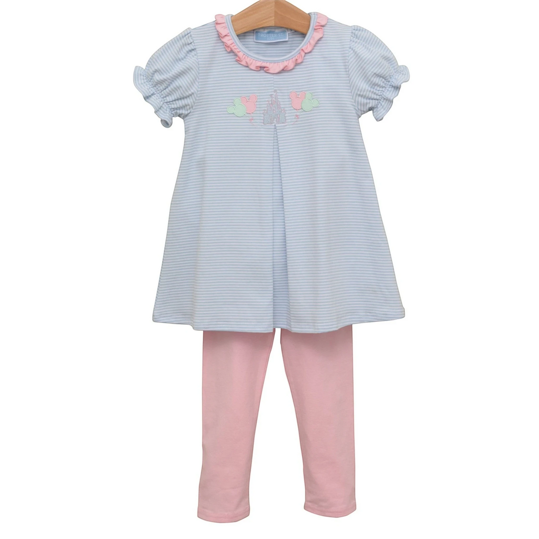 That Store girls blue striped tunic with pink ruffle collar and matching pink leggings featuring Disney embroidery.