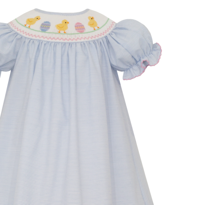 That Store blue stripe bishop dress with hand-smocked Easter chicks and eggs on a cotton-blend fabric