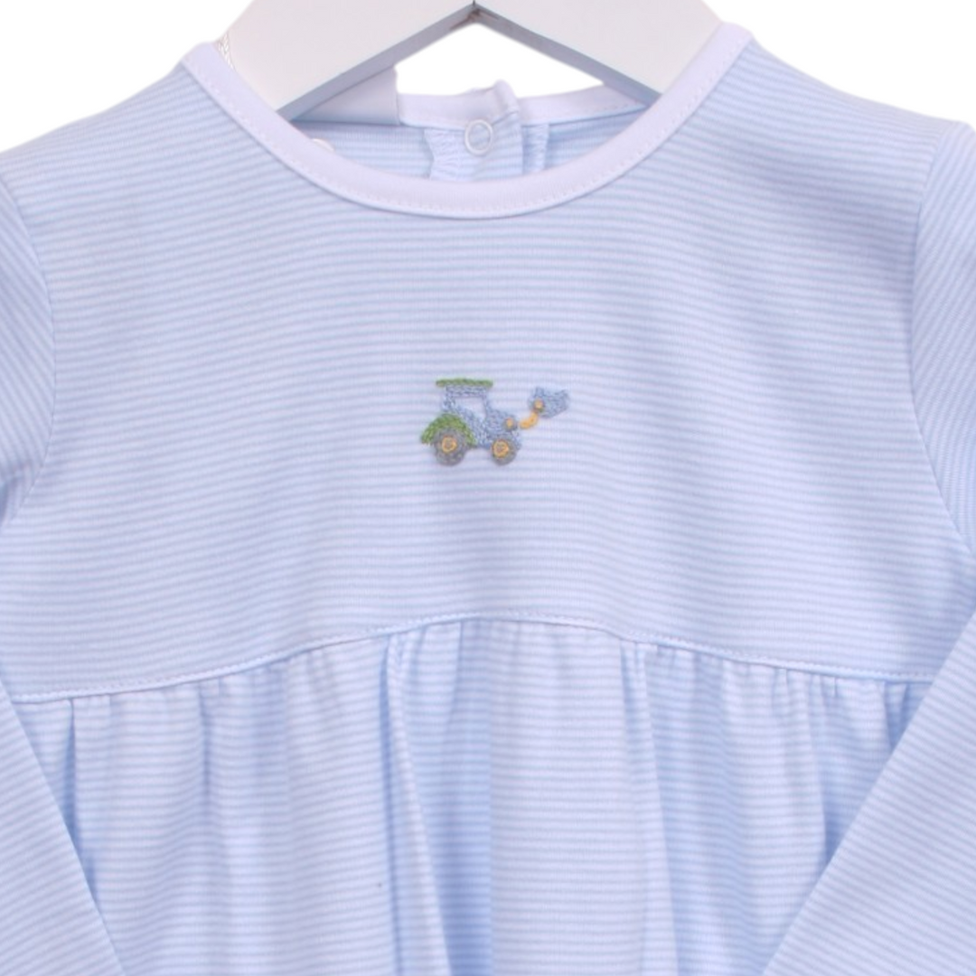 That Store boys blue stripe Pima cotton bubble featuring a small embroidered tractor detail on the chest