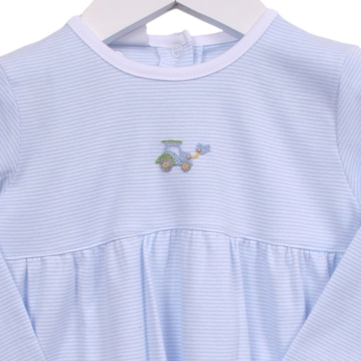 That Store boys blue stripe Pima cotton bubble featuring a small embroidered tractor detail on the chest
