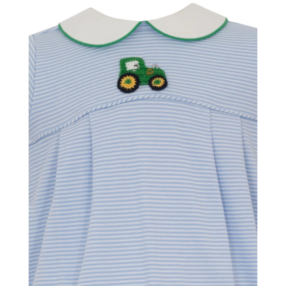 That Store boys bubble in blue and white stripes with a handcrafted green crocheted tractor and white peter pan collar