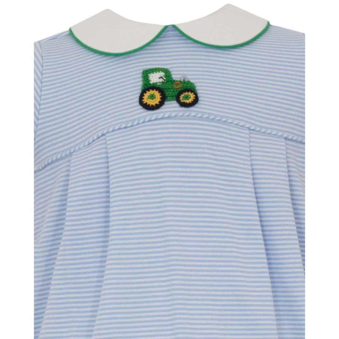 That Store boys bubble in blue and white stripes with a handcrafted green crocheted tractor and white peter pan collar