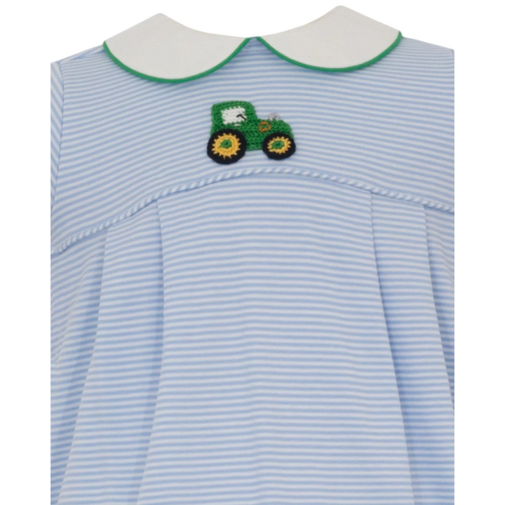 That Store boys bubble in blue and white stripes with a handcrafted green crocheted tractor and white peter pan collar