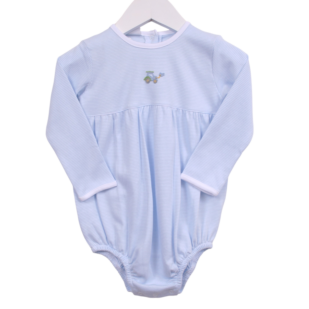 That Store boys blue stripe Pima cotton bubble with tractor embroidery and long sleeves on a white hanger