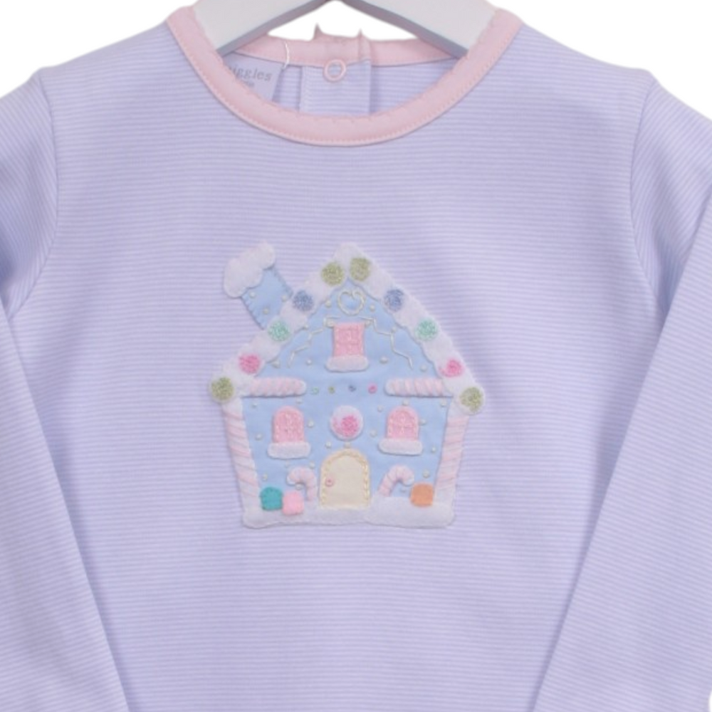 That Store girls blue stripe Pima cotton long sleeve top featuring a festive Who House applique for Christmas.