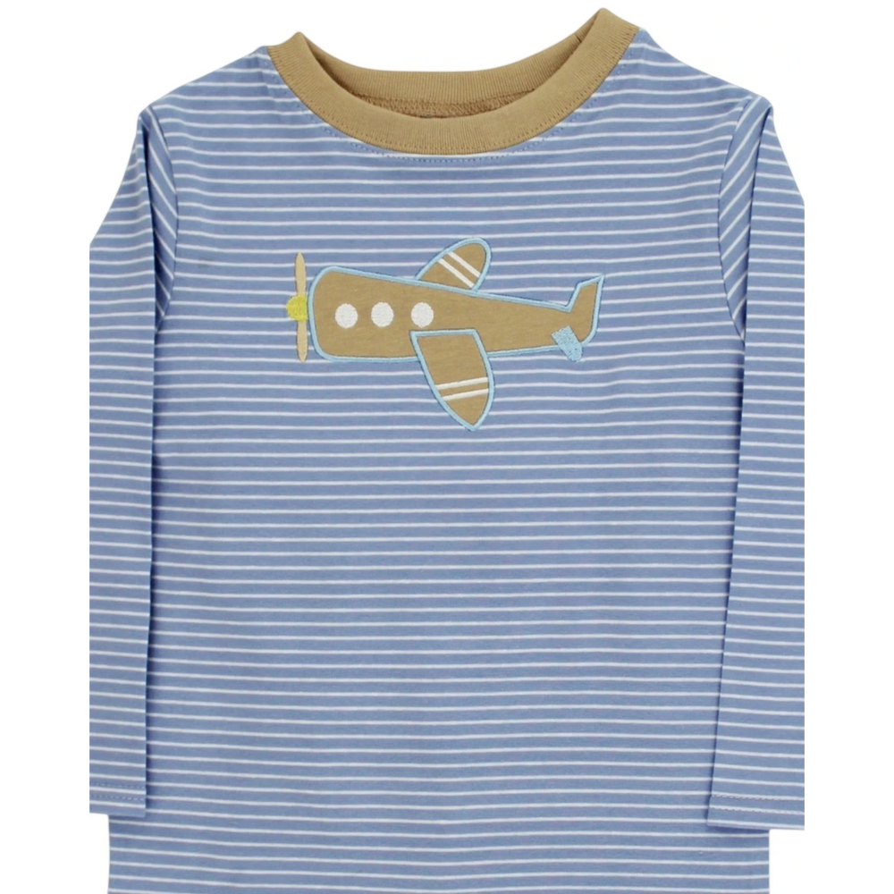 That Store blue and white striped long sleeve shirt with a tan airplane applique and ribbed tan crew neck collar