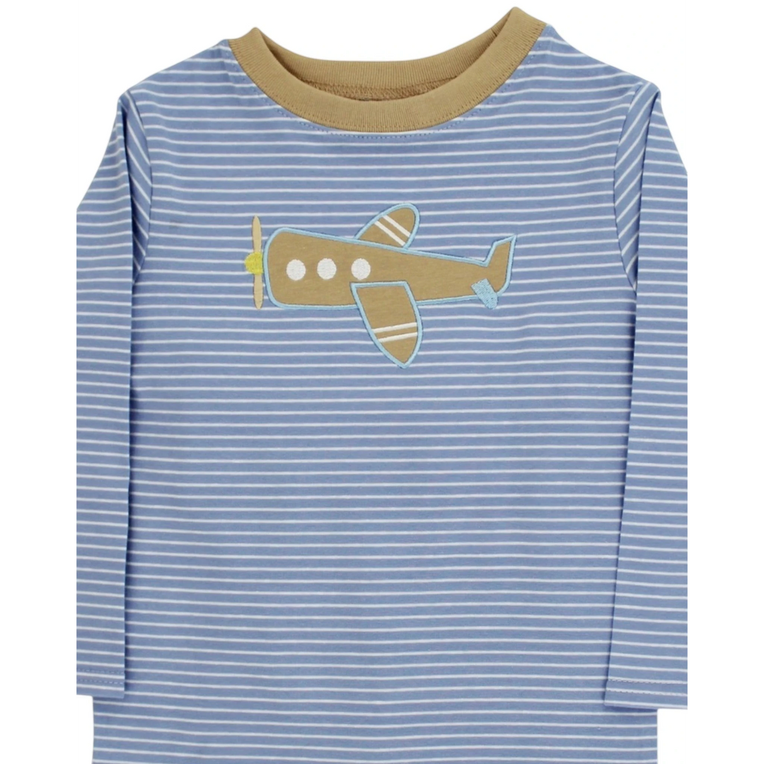 That Store blue and white striped long sleeve shirt with a tan airplane applique and ribbed tan crew neck collar