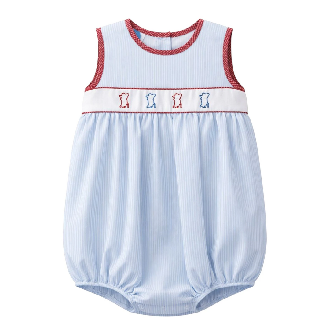 That Store blue striped bubble romper with red gingham trim and embroidered Colonel Reb detail for infants