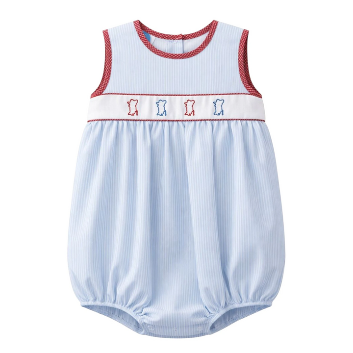 That Store blue striped bubble romper with red gingham trim and embroidered Colonel Reb detail for infants