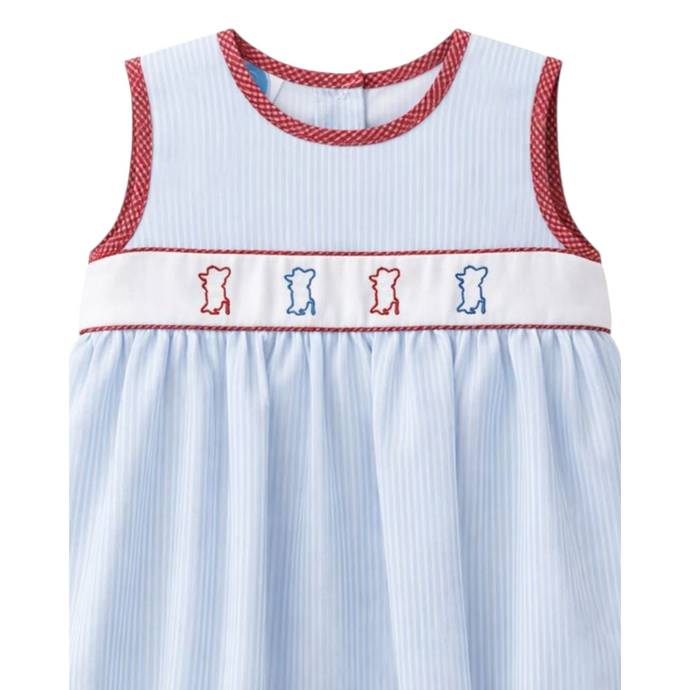 That Store blue striped bubble romper with red gingham trim and embroidered Colonel Reb figures on the chest