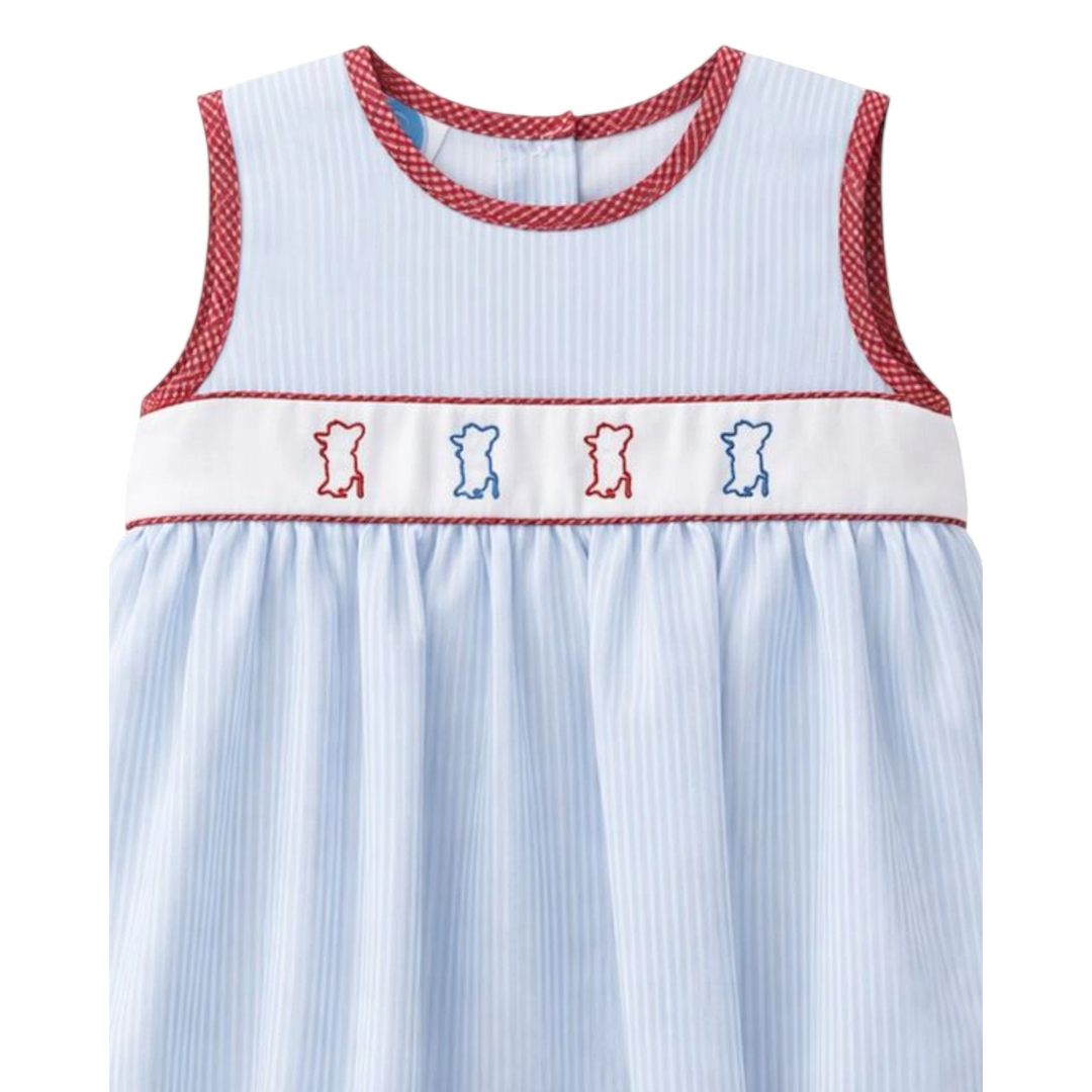 That Store blue striped bubble romper with red gingham trim and embroidered Colonel Reb figures on the chest