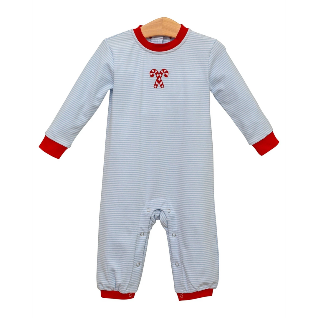 That Store blue stripe boys romper with candy cane embroidery and red trim, made from soft cotton spandex blend.