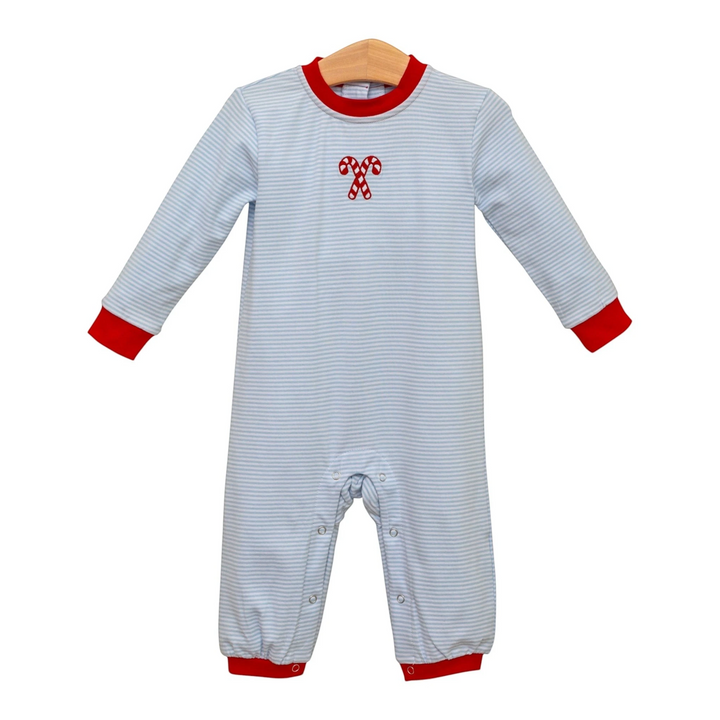 That Store blue stripe boys romper with candy cane embroidery and red trim, made from soft cotton spandex blend.
