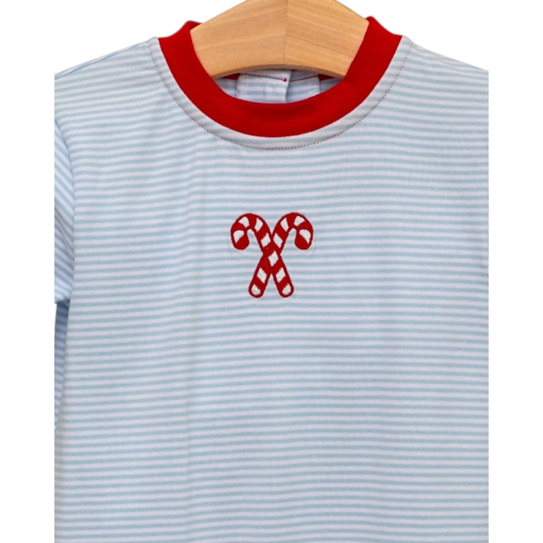 That Store boys blue striped cotton romper with festive red candy cane embroidery and a red crew neckline