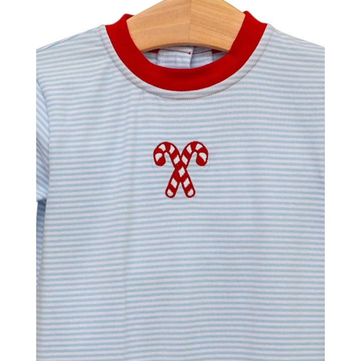That Store boys blue striped cotton romper with festive red candy cane embroidery and a red crew neckline