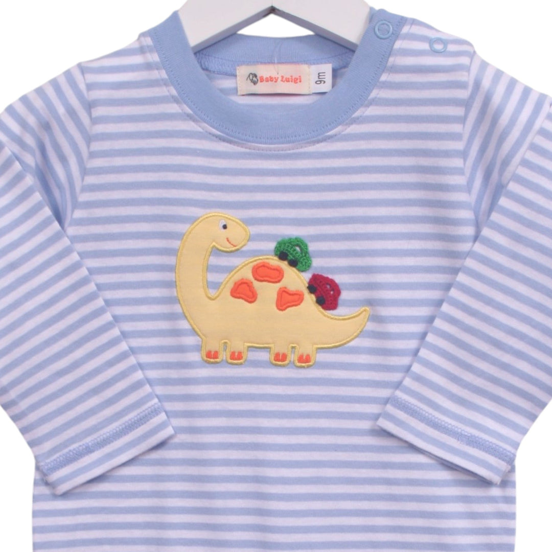 That Store blue and white striped cotton romper featuring a yellow brontosaurus with crocheted car appliques.