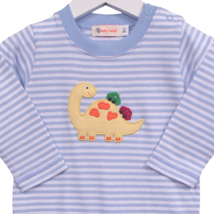 That Store blue and white striped cotton romper featuring a yellow brontosaurus with crocheted car appliques.