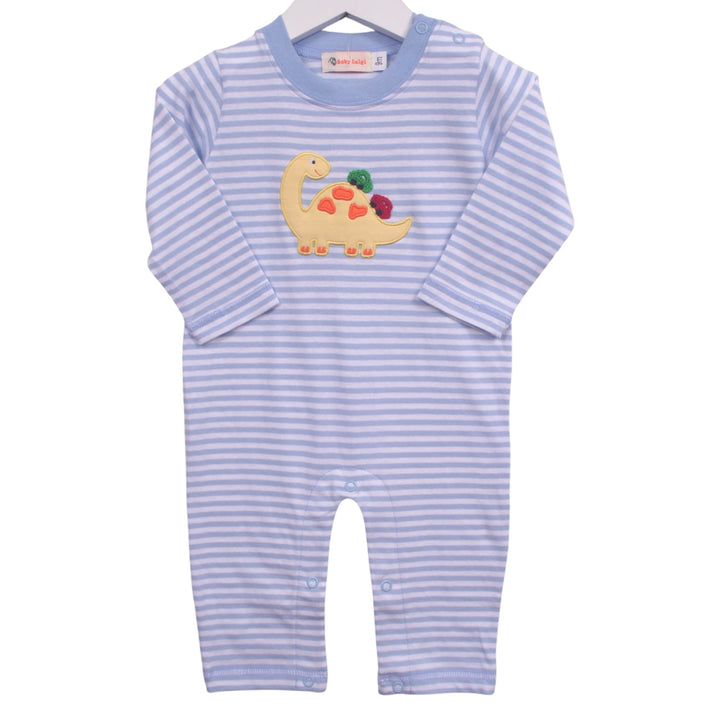 That Store blue striped cotton romper featuring a yellow brontosaurus and crocheted cars applique for baby boys