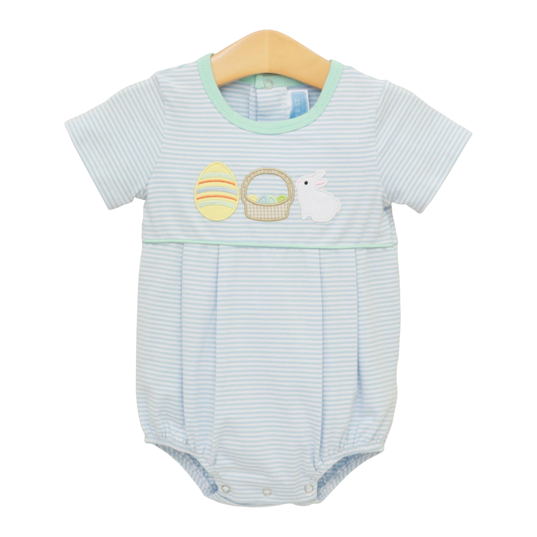 That Store blue striped cotton bubble romper featuring Easter bunny, basket, and egg appliqués for baby boys.
