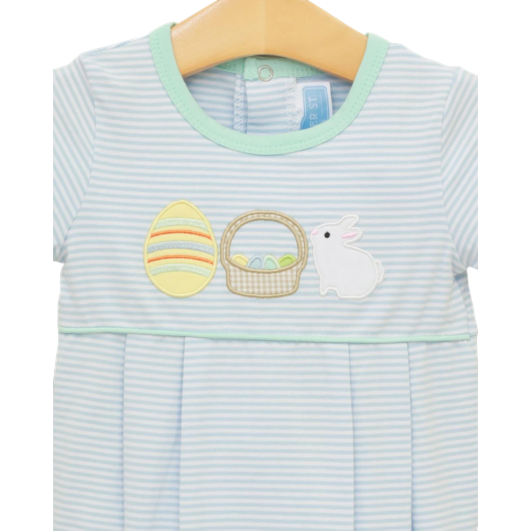 That Store blue striped cotton bubble with Easter bunny, basket, and egg appliqués for baby boys.