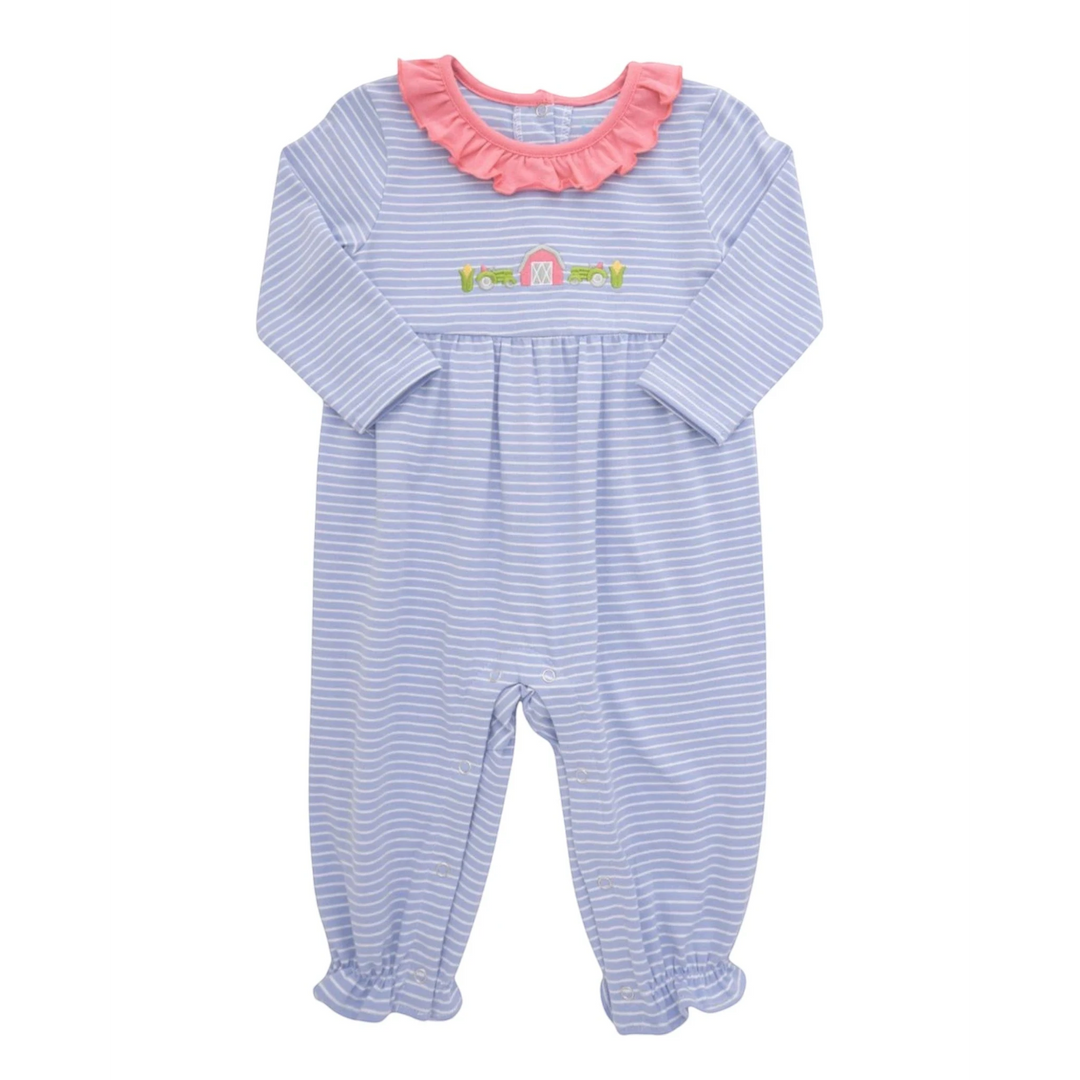 That Store girls blue striped romper with a pink ruffle collar and farm-themed embroidery on the chest.