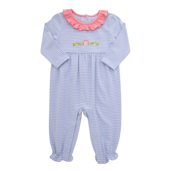 That Store girls blue striped romper with a pink ruffle collar and farm-themed embroidery on the chest.