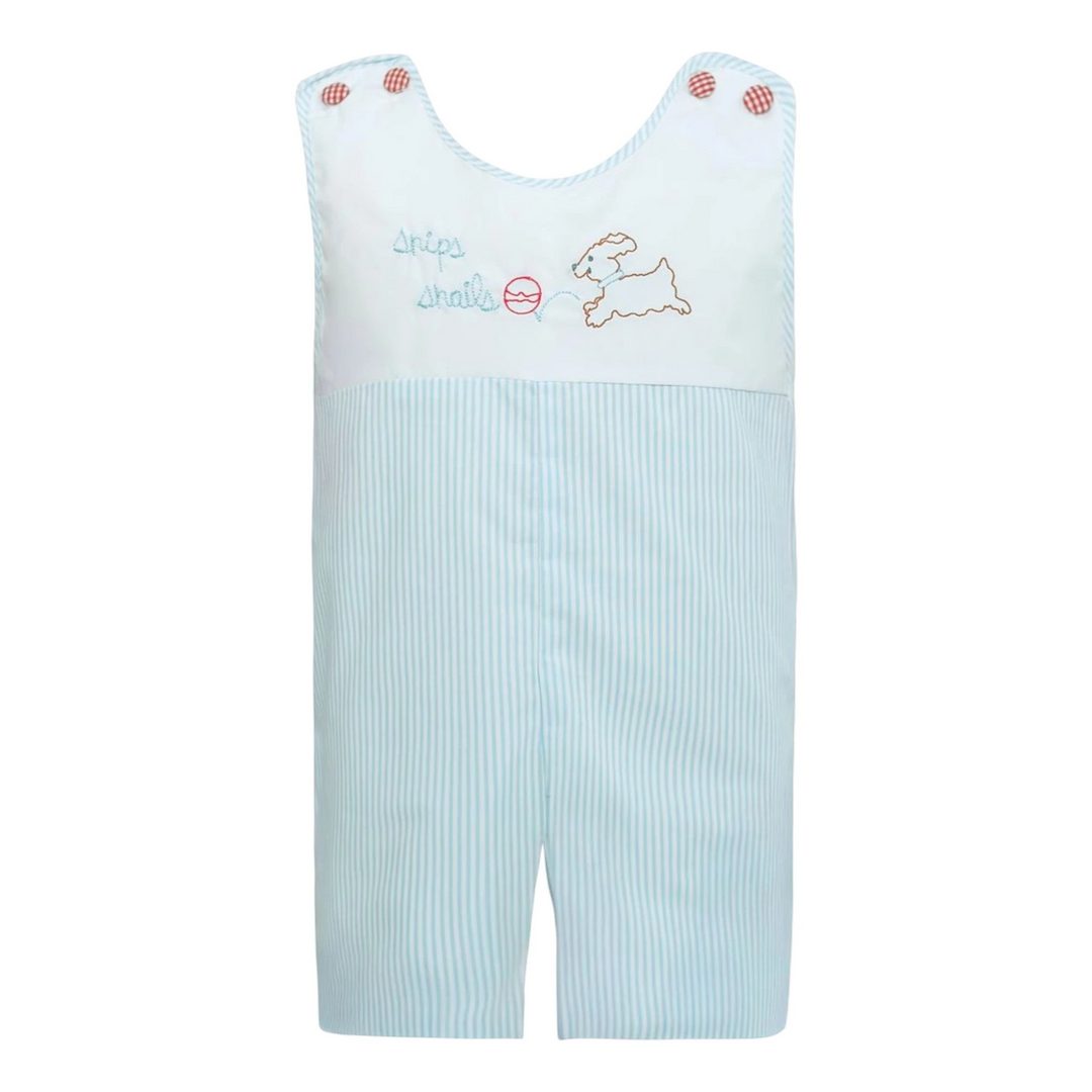 That Store blue striped jon jon romper for boys featuring a puppy and snips and snails embroidery with red buttons.
