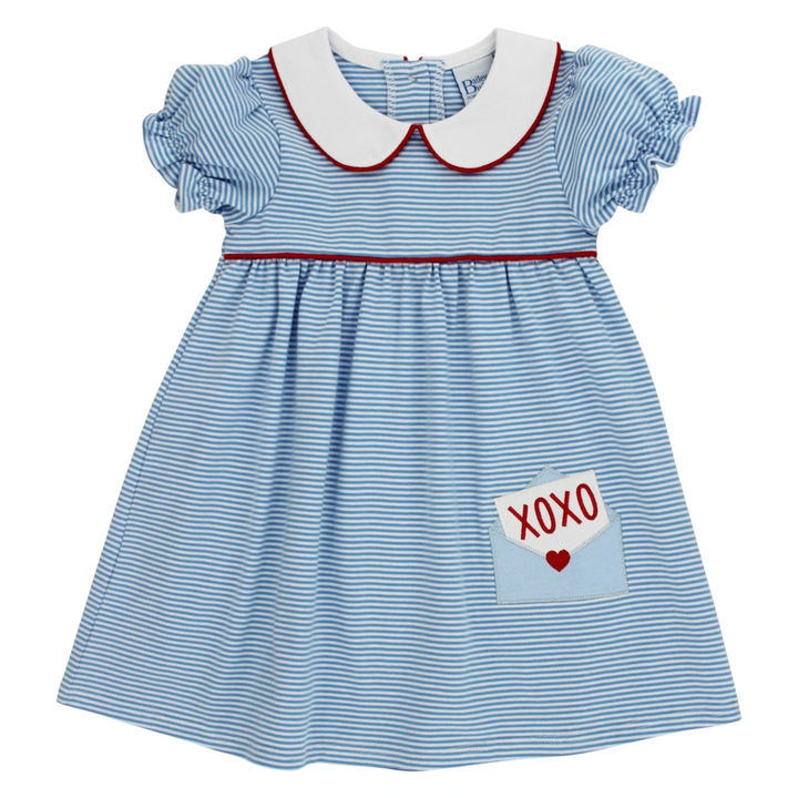 That Store blue and white striped knit dress with puff sleeves, Peter Pan collar, and XOXO envelope applique pocket.