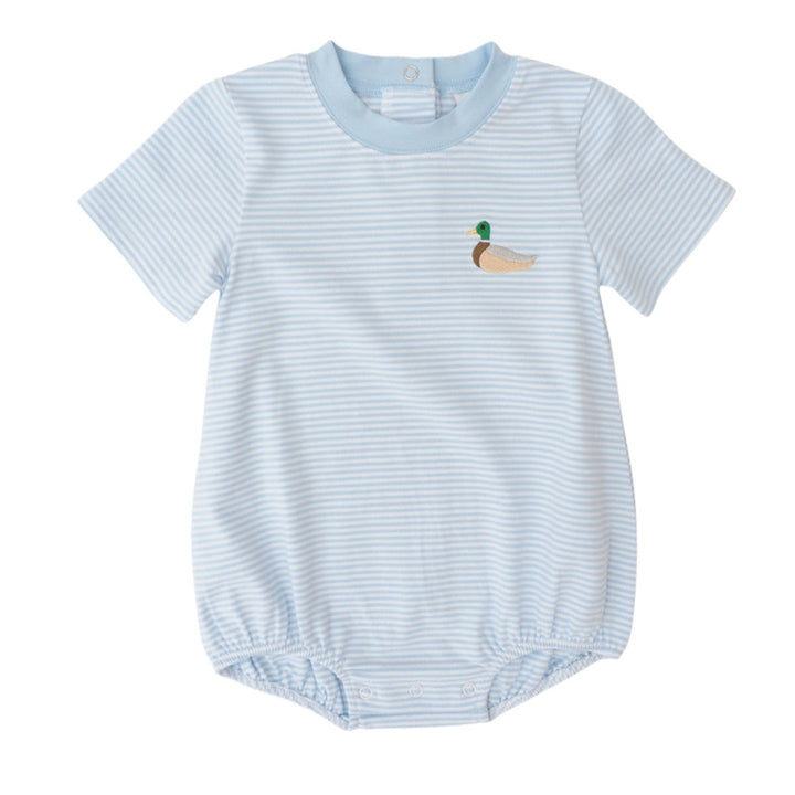 That Store Field and Feather baby boy bubble suit in light blue stripes with an embroidered mallard duck design.