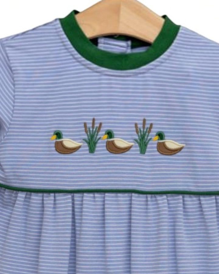 That Store blue striped cotton romper for boys featuring embroidered mallard ducks and green trim details