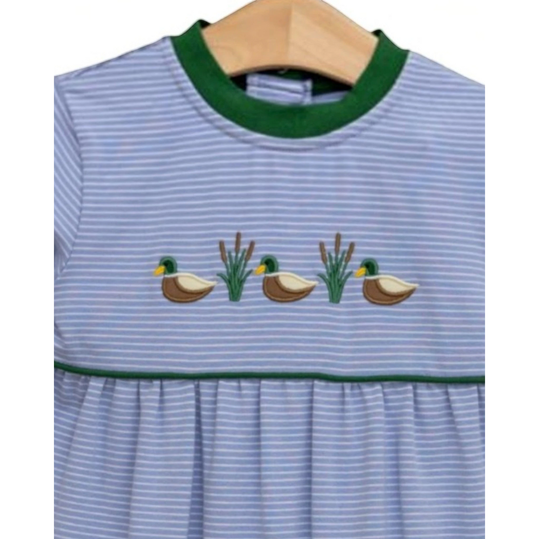 That Store blue striped cotton romper for boys with embroidered mallard ducks and green trim detail.
