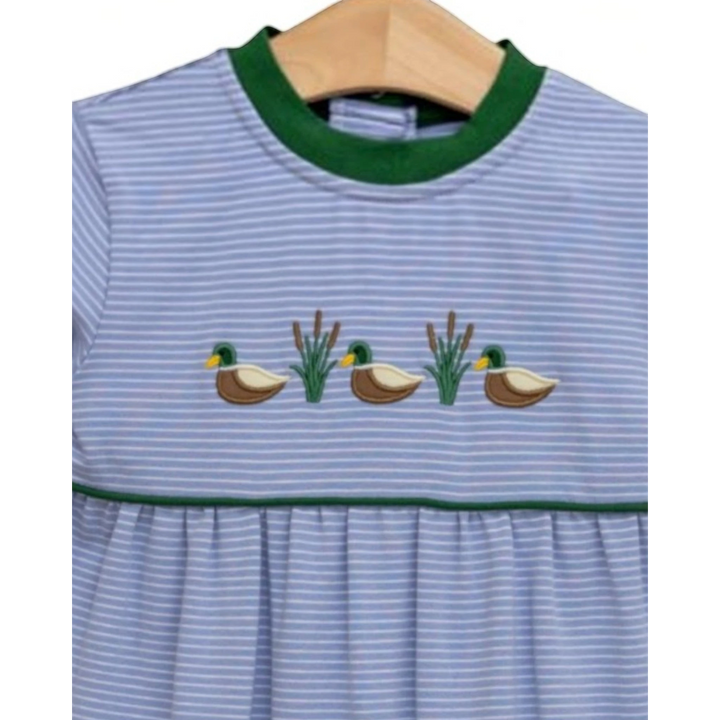 That Store blue striped cotton romper for boys with embroidered mallard ducks and green trim detail.
