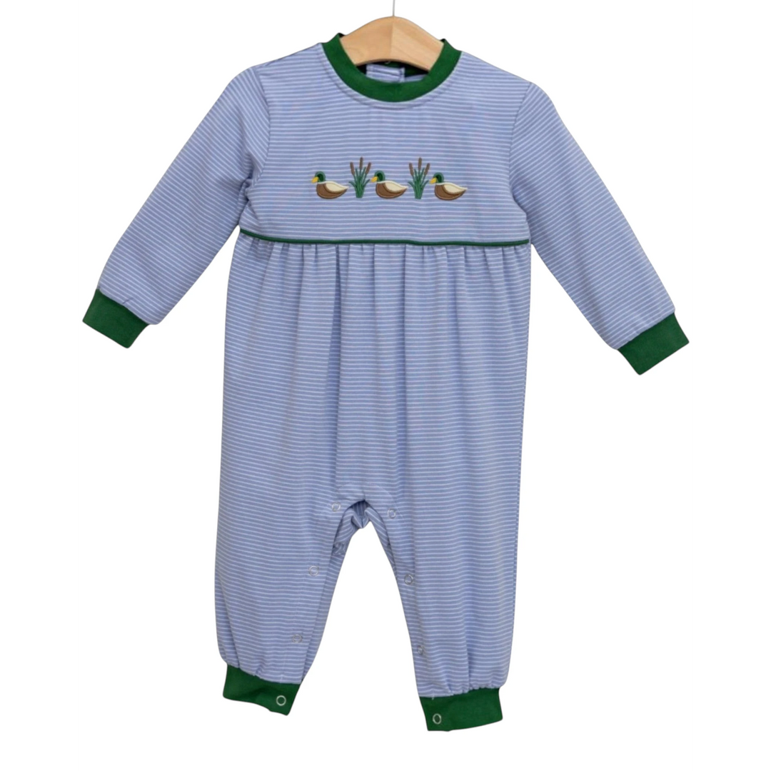 That Store blue striped cotton romper for boys with embroidered mallard ducks and green ribbed trim details.