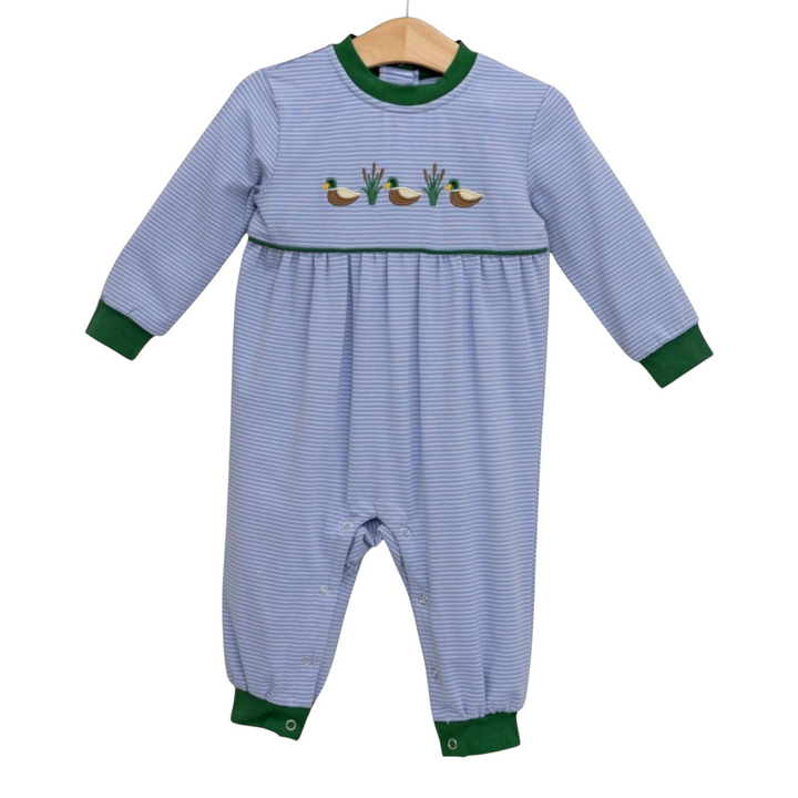 That Store blue striped cotton romper for boys with embroidered mallard ducks and green ribbed trim details.