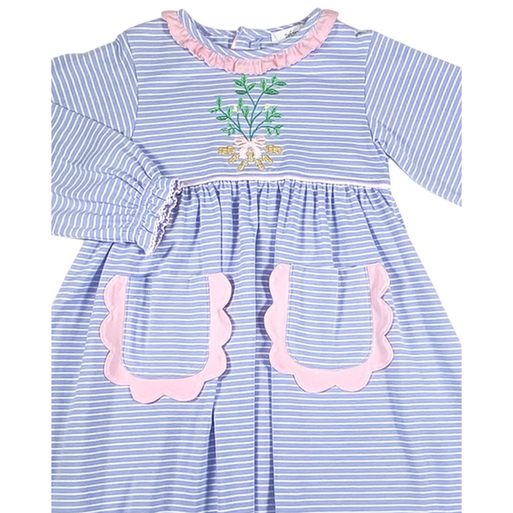 That Store blue striped cotton dress with peanut applique, pink scalloped pockets, and ruffled collar detail.