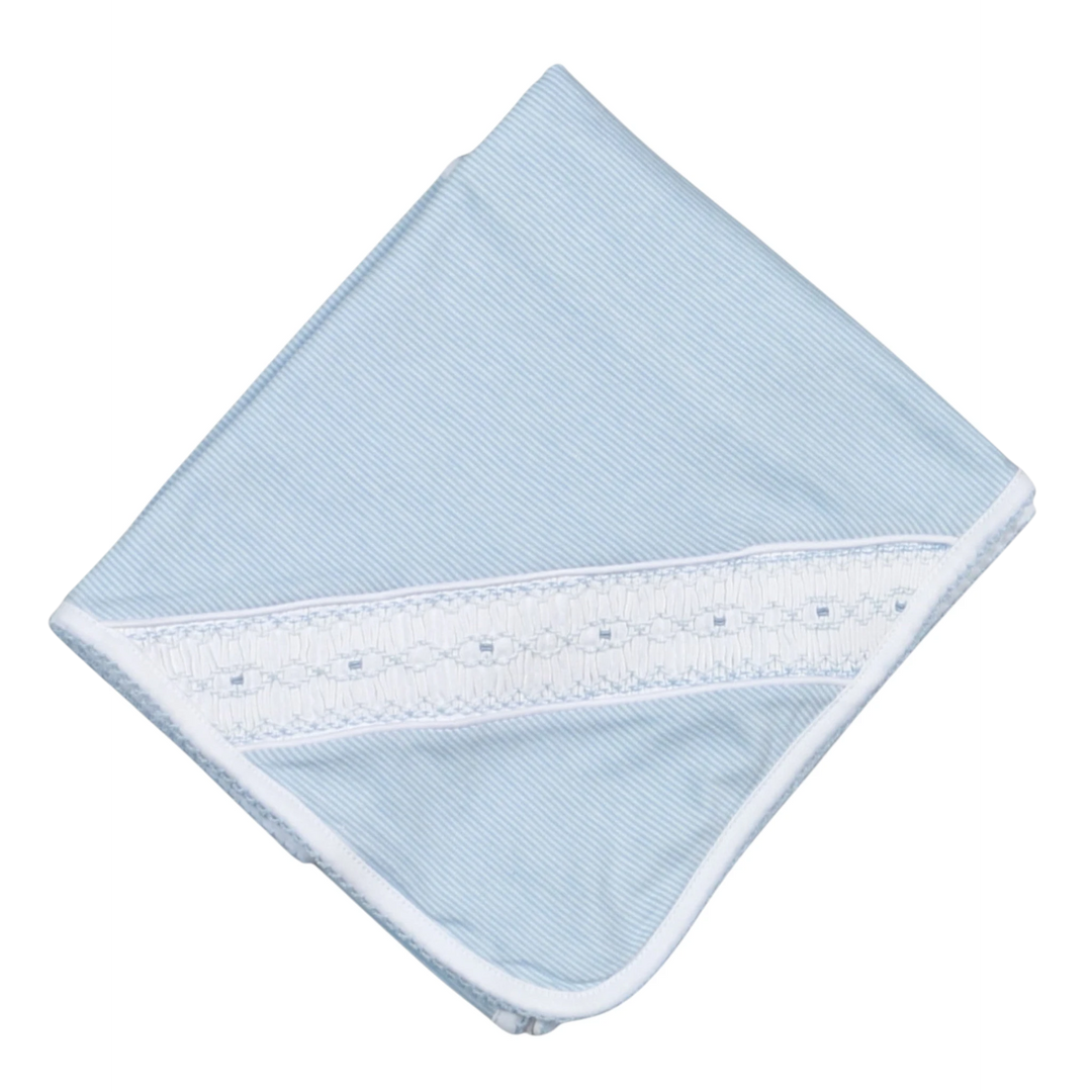 That Store Pima cotton baby receiving blanket with blue stripes and delicate white hand smocking detail.